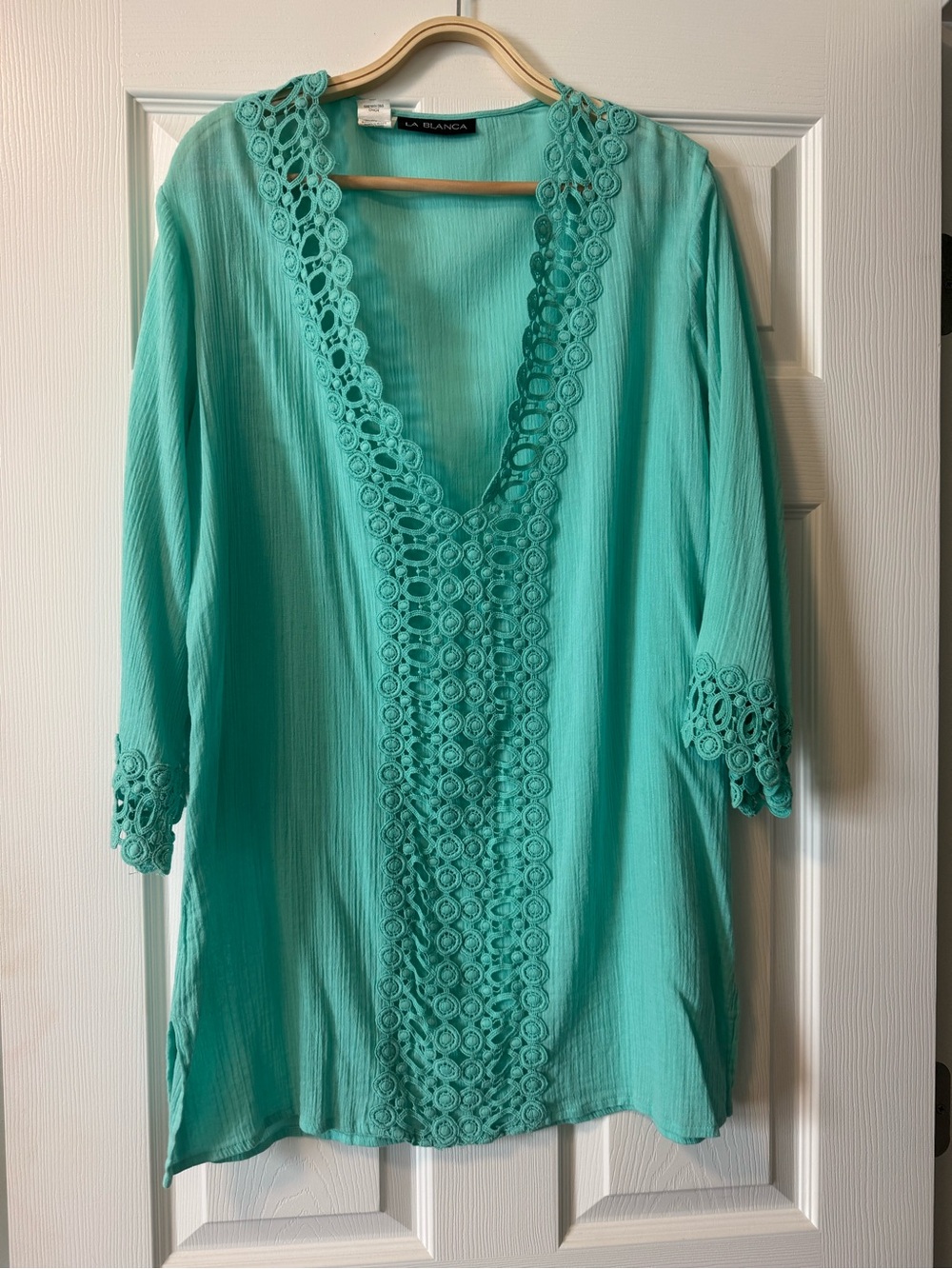 La Blanca Aqua/Teal Crochet-Trim V-Neck Tunic / Swim Cover Up 100% Cotton. Small